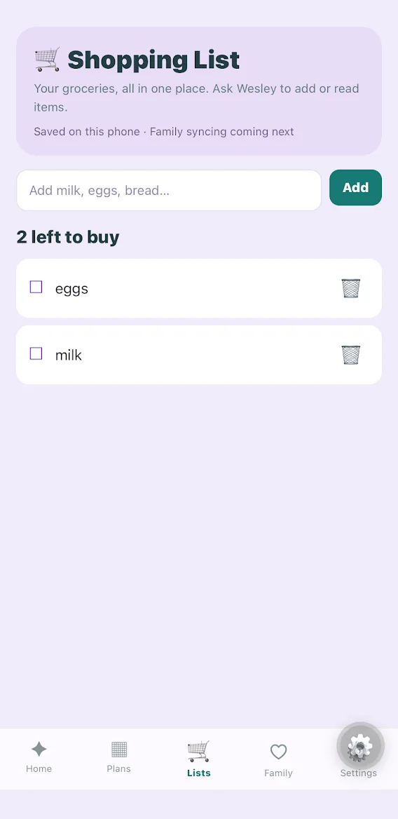 Shopping list screen